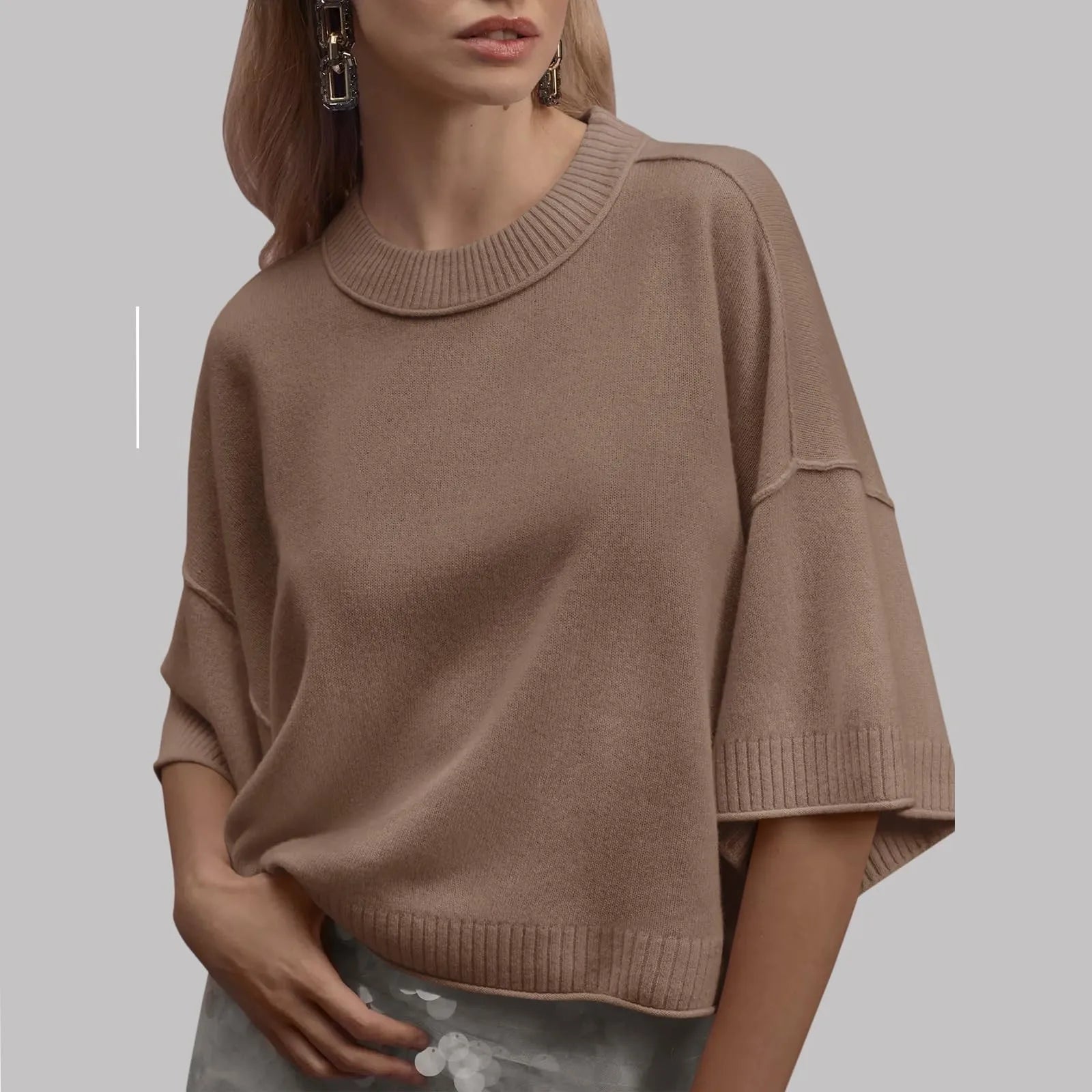 Dames Casual Oversized Korte Mouw Gebreide Top – Losse Pasvorm Ronde Hals Trui Blouse