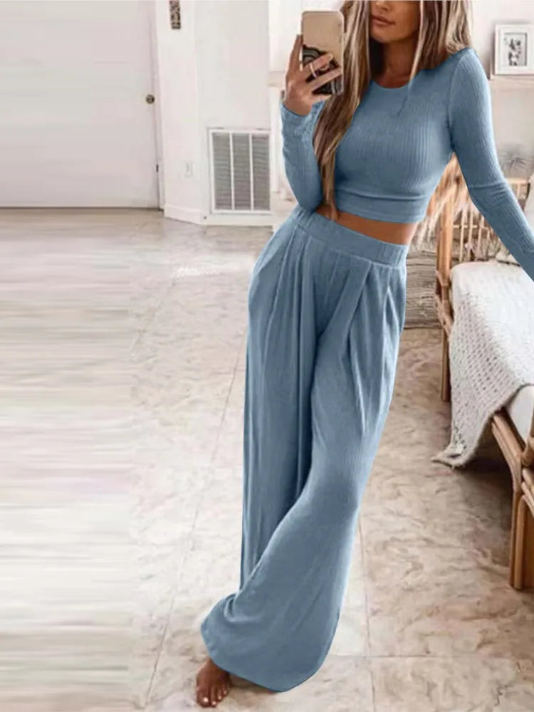 Gebreide Loungewear Set – Lange Mouw Crop Top met Wijde Broek