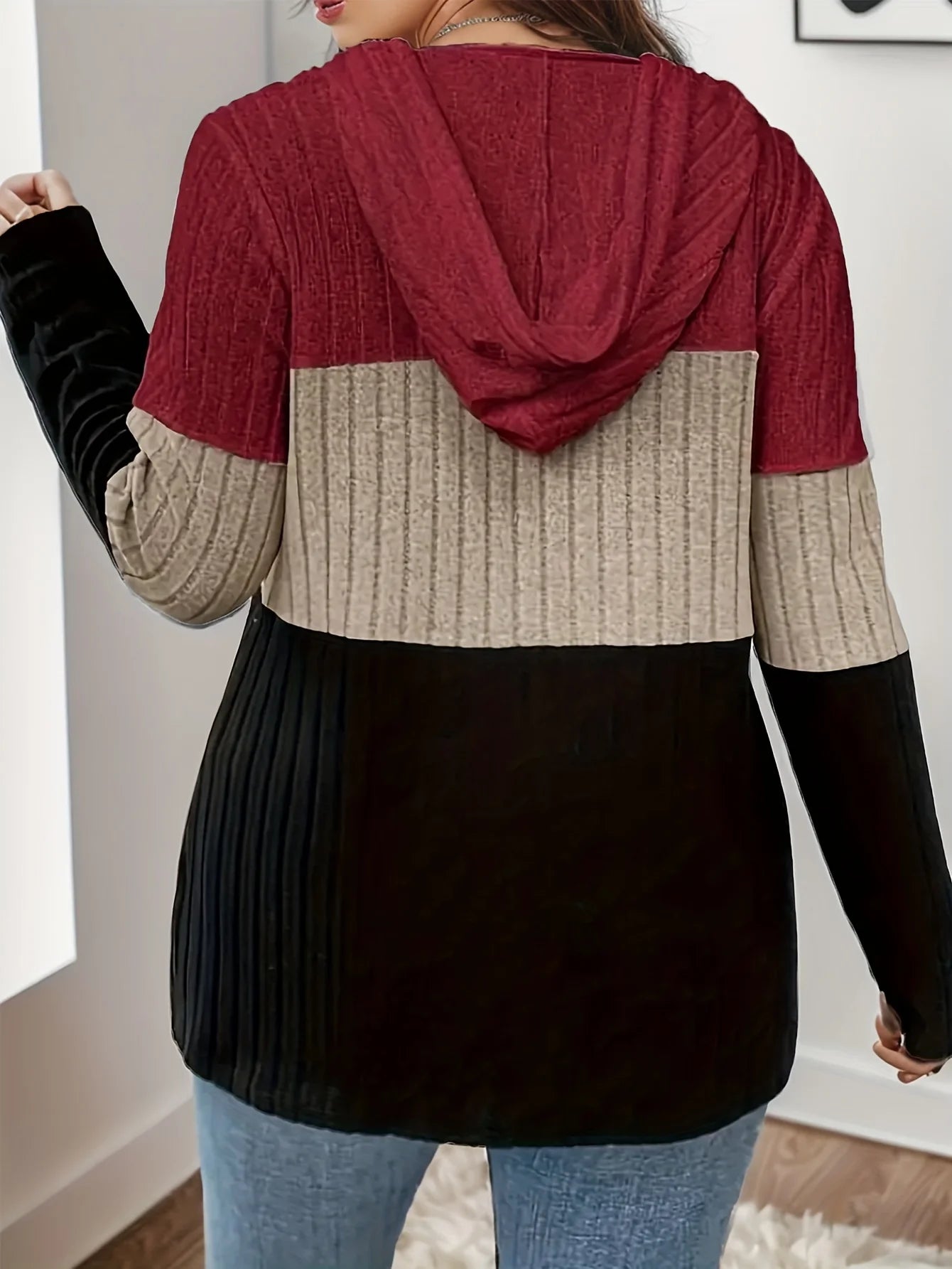 Plus Size Dames Hooded Gebreide Rib Cardigan Sweatshirt – Comfortabel & Trendy Vest met Capuchon