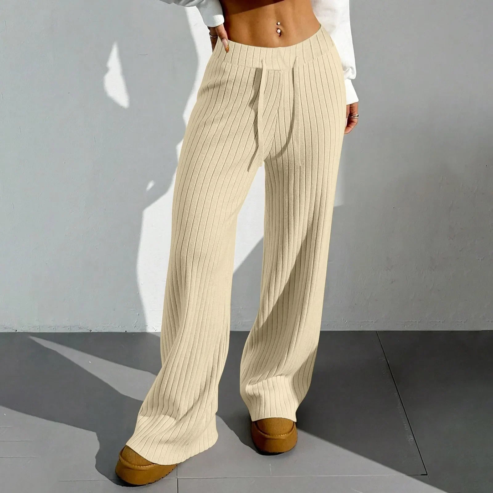 Ribbroek Dames – Comfortabele Wide Leg Lounge Pants met Elastische Taille