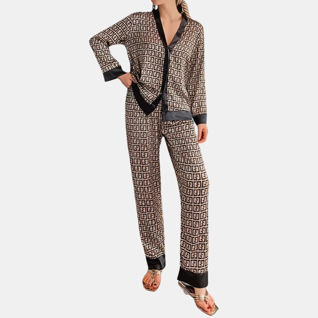 Dames IJszijde Pyjama Set – Satijnlook Loungewear met V-Hals Cardigan en Lange Mouwen – Lichtgewicht & Ademend