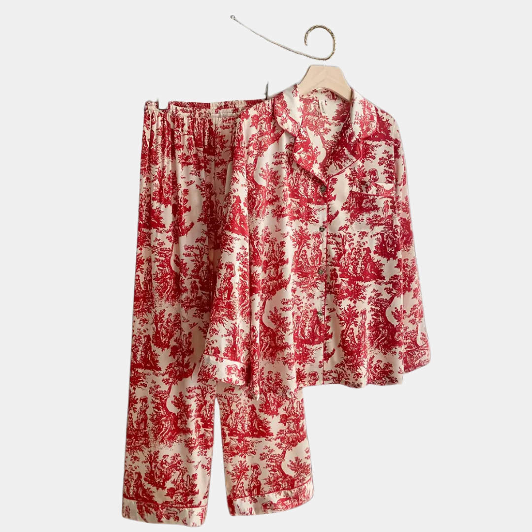 Elegante Zijdeachtige Damespyjama met Inktprint – Zachte & Ademend Loungewear voor Lente en Herfst