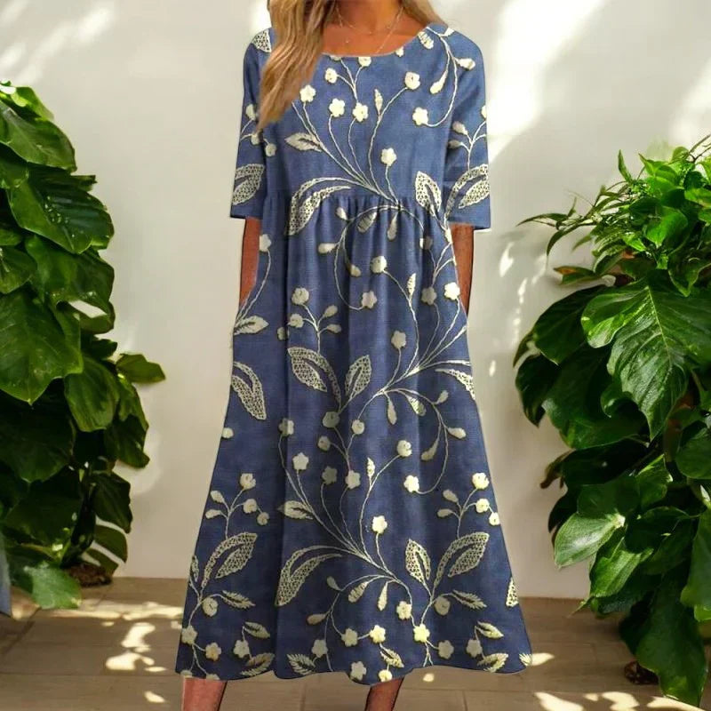 Floral Midi Jurk – Elegante Bloemenjurk met Comfortabele Buikbedekking