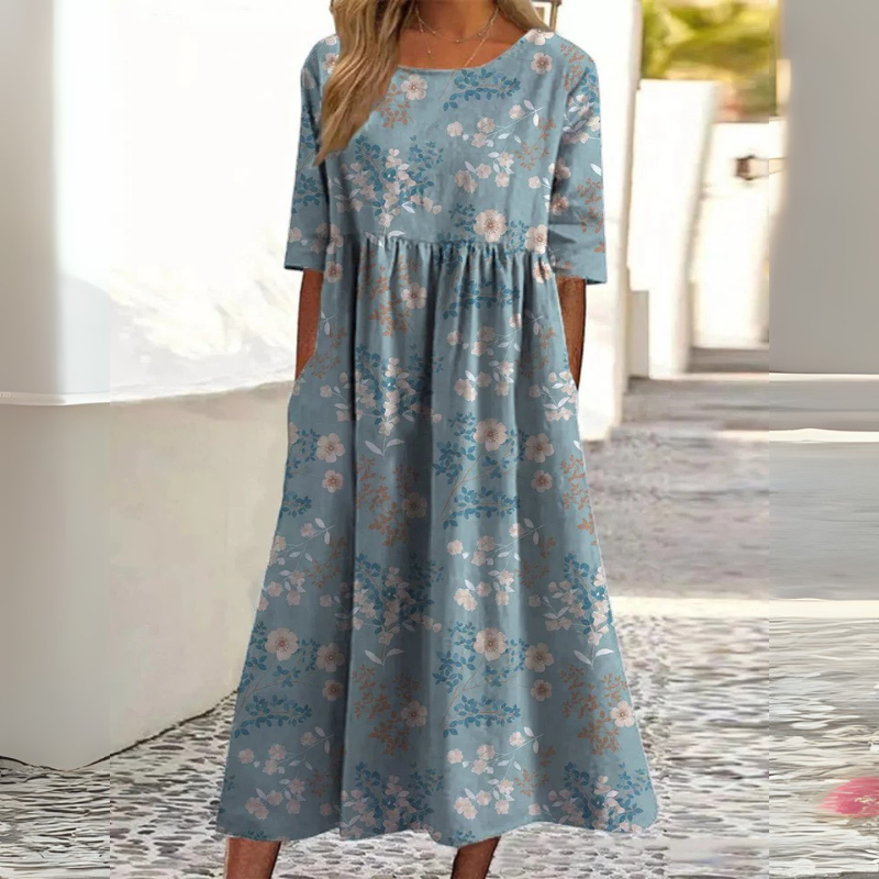Floral Midi Jurk – Elegante Bloemenjurk met Comfortabele Buikbedekking