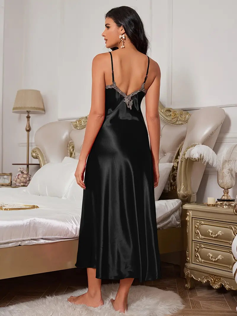 Arabella Elegant Faux Silky Maxi Nightgown with Lace Detailing