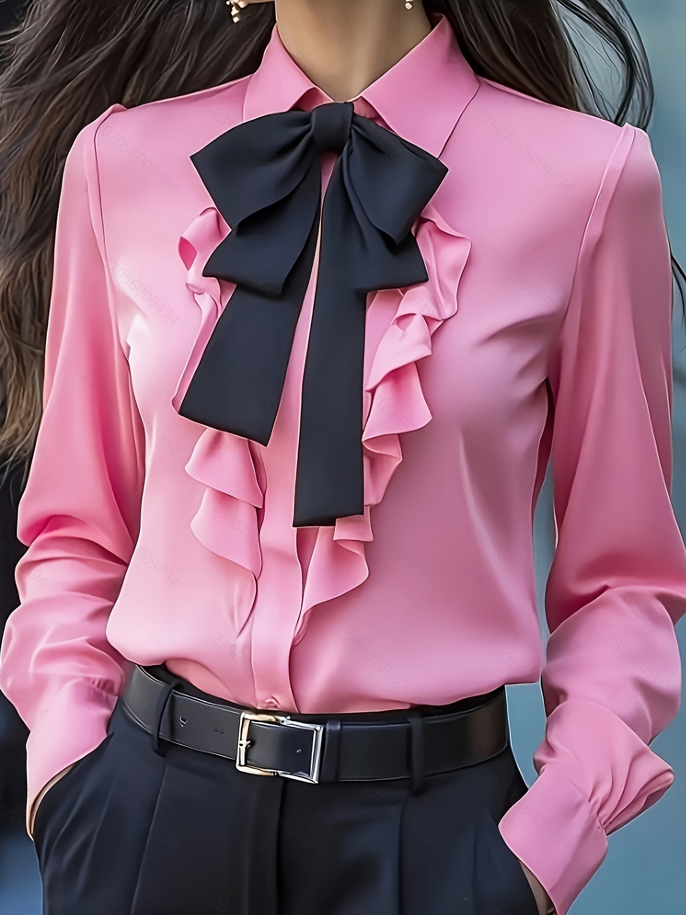 Langsleeve Blouse Met Knoopsluiting En Gerimpelde Strik – Elegante Damesblouse Voor Zakelijk & Casual