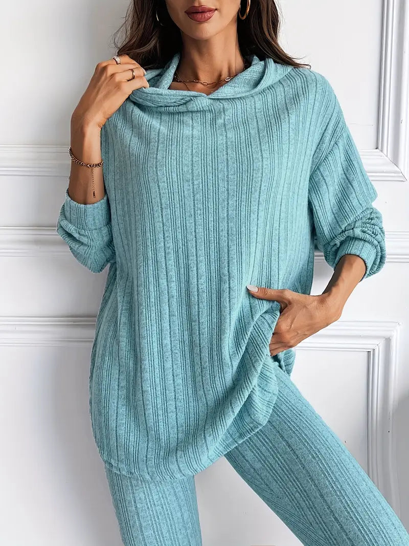 Geribde Tweedelige Loungewear Set – Oversized Hoodie met Hoge Taille Leggings