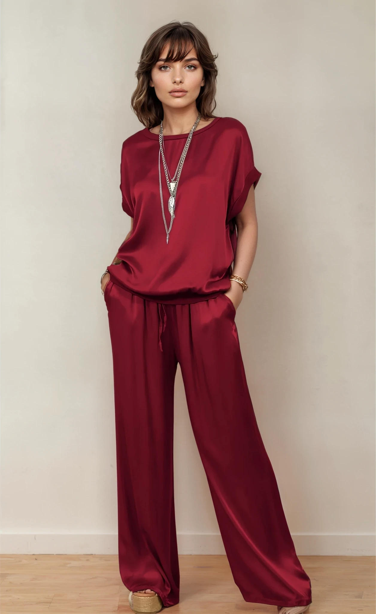 Elegante Blauwe Dames Loungewear Set – Casual Korte Mouwen & Wijde Broek met Zakken