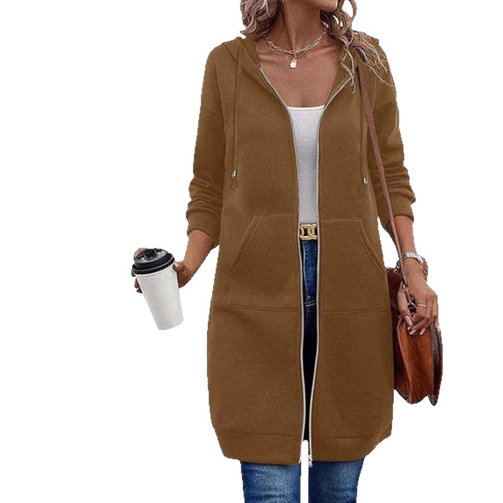 Knielange Dames Fleece Hoodie met Rits – Comfortabele Lange Sweatshirt met Zakken