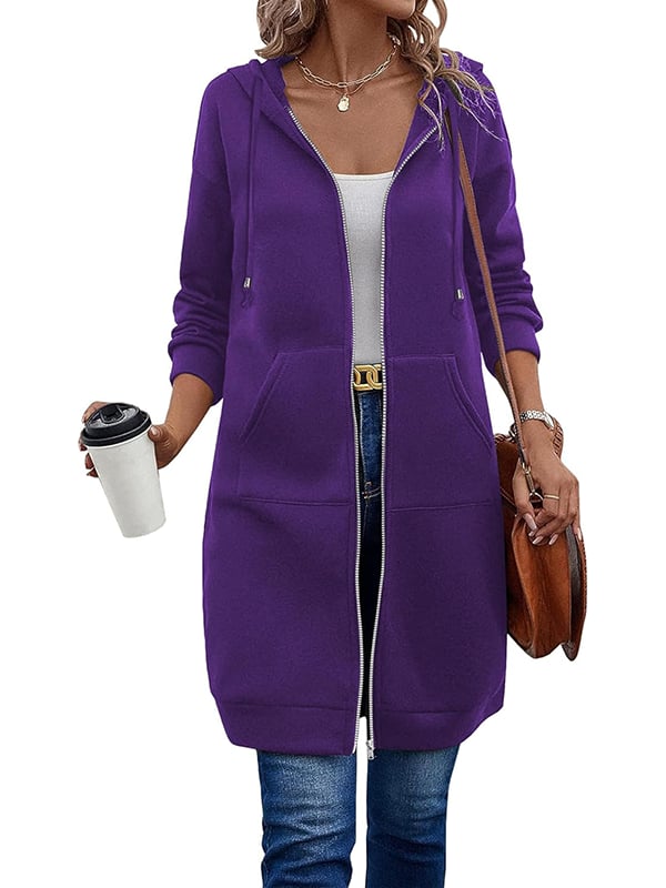 Knielange Dames Fleece Hoodie met Rits – Comfortabele Lange Sweatshirt met Zakken