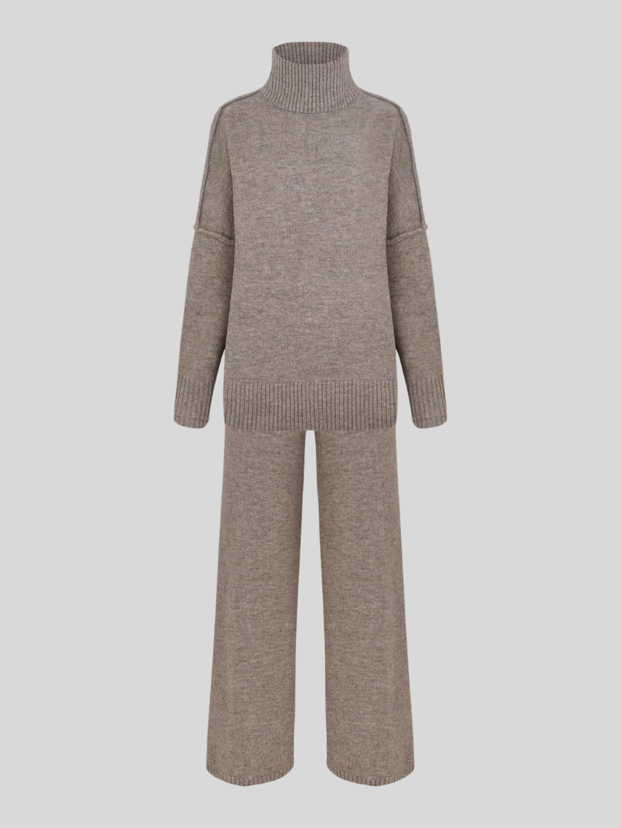 Effen Gebreid Set met Coltrui – Comfortabele Trui & Broek in Tijdloze Stijl