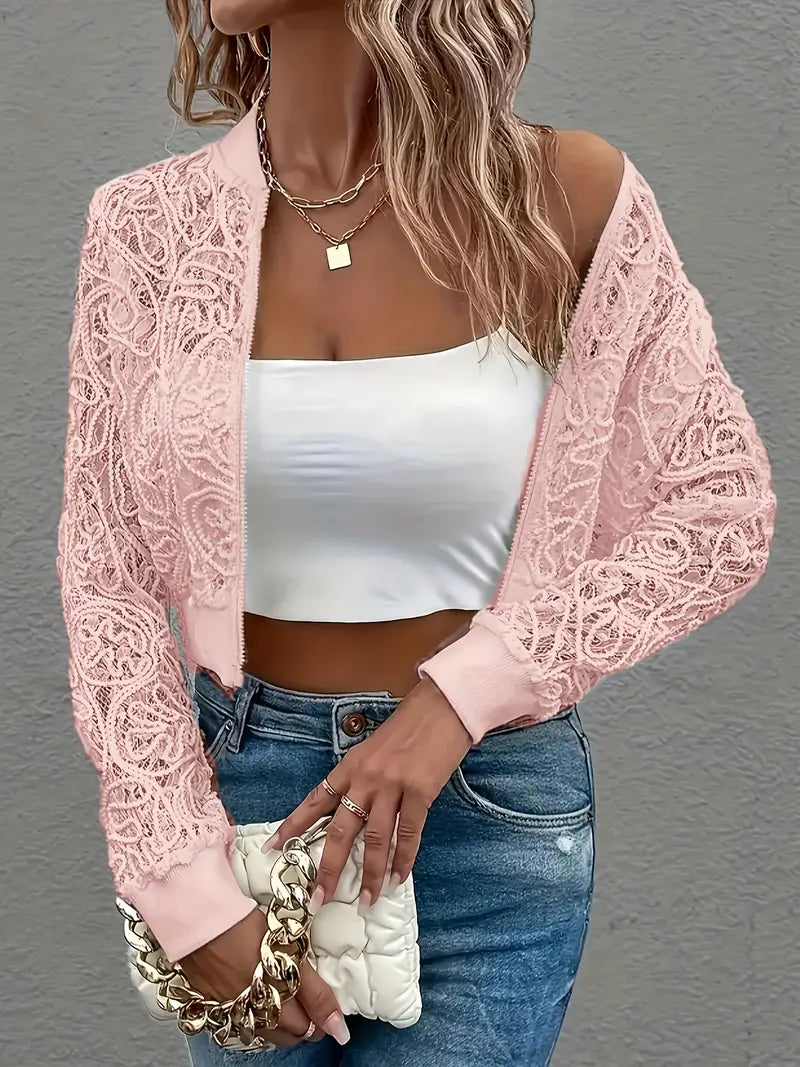 Crop Lace Bomber Jas Dames – Kanten Borduursel, Licht & Trendy Cropped Jacket