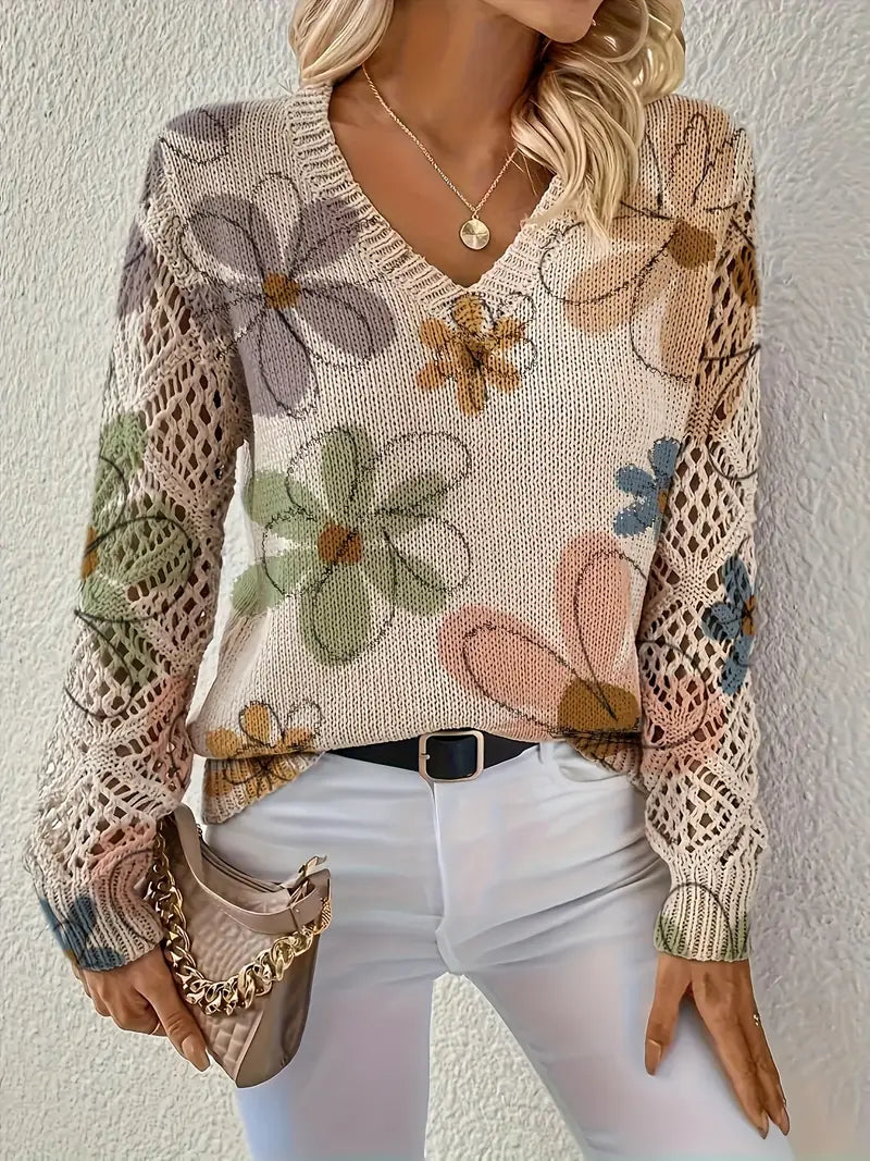 Elegante Lange Mouwen Trui Met Bloemenprint – Comfortabele Damestrui voor Casual & Stijlvolle Outfits