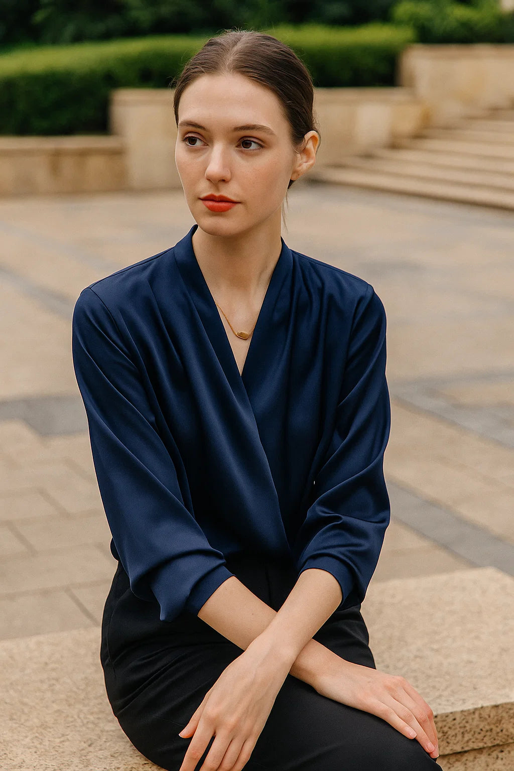 Retro Zijde Witte Blouse met Lange Mouwen – Elegante Franse Stijl en Satijnen Afwerking