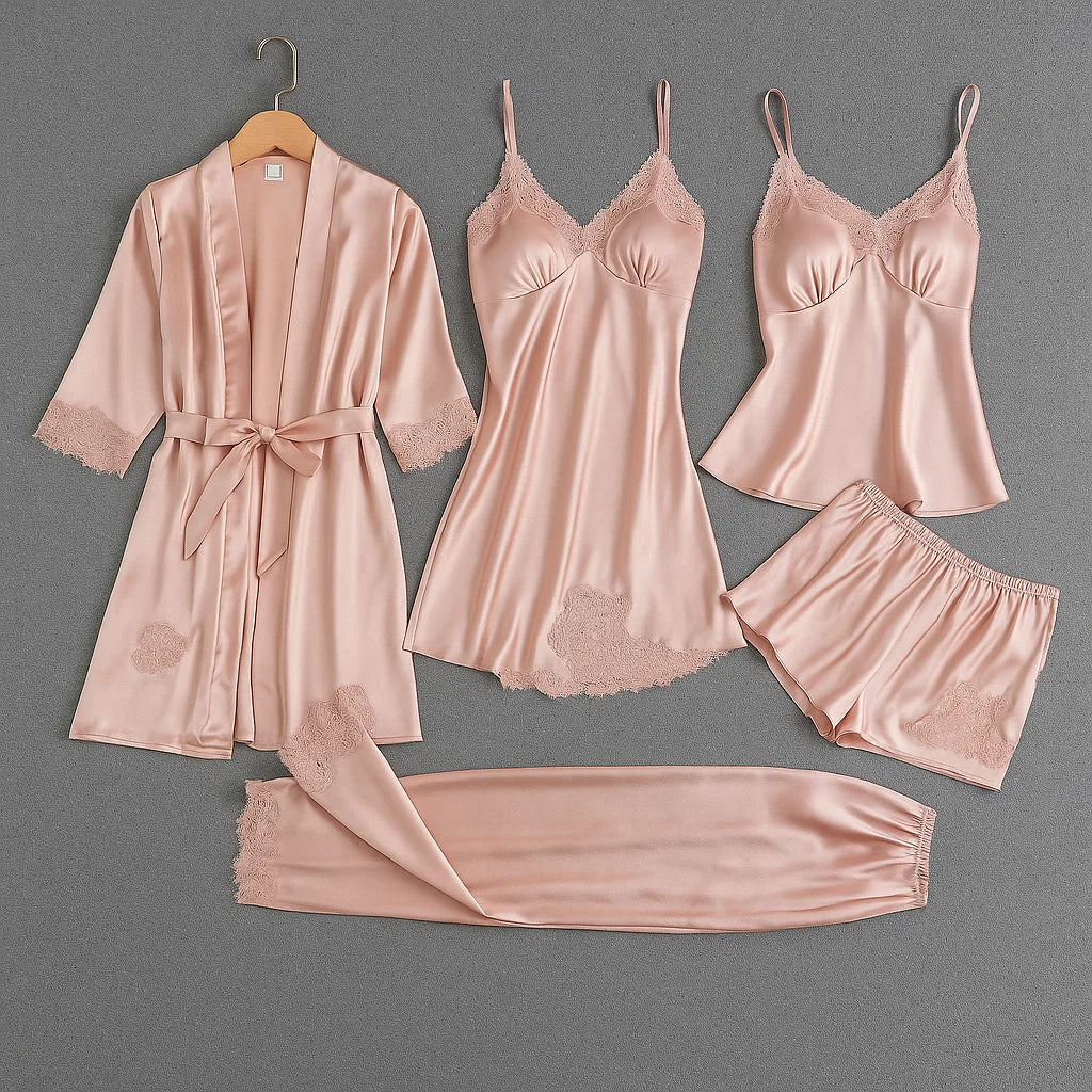 5-Delige Satijnen Slaapset met Kant – Luxe Nachtkleding voor Comfort en Stijl