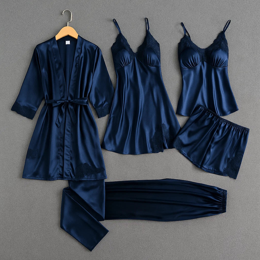 5-Delige Satijnen Slaapset met Kant – Luxe Nachtkleding voor Comfort en Stijl