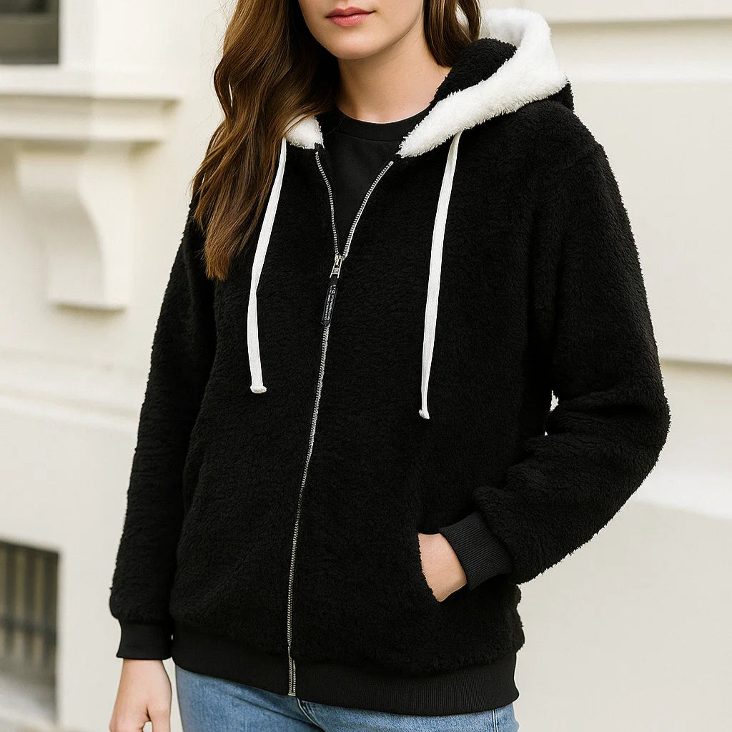 Pluche Jas met Capuchon – Warme Zip-Up Fleece Jas voor Herfst Winter