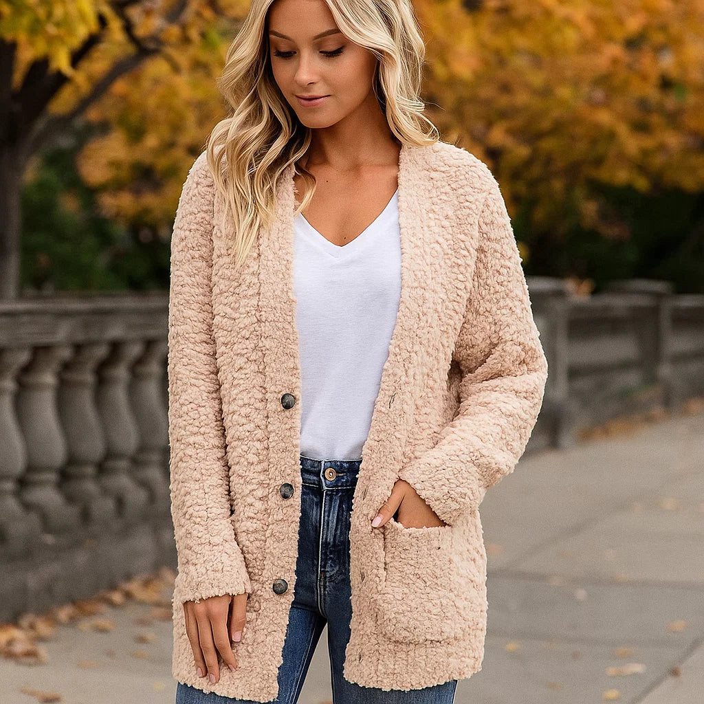 Dames Pluche Vest – Zacht Casual Jasje met Ontspannen Pasvorm en Zakken