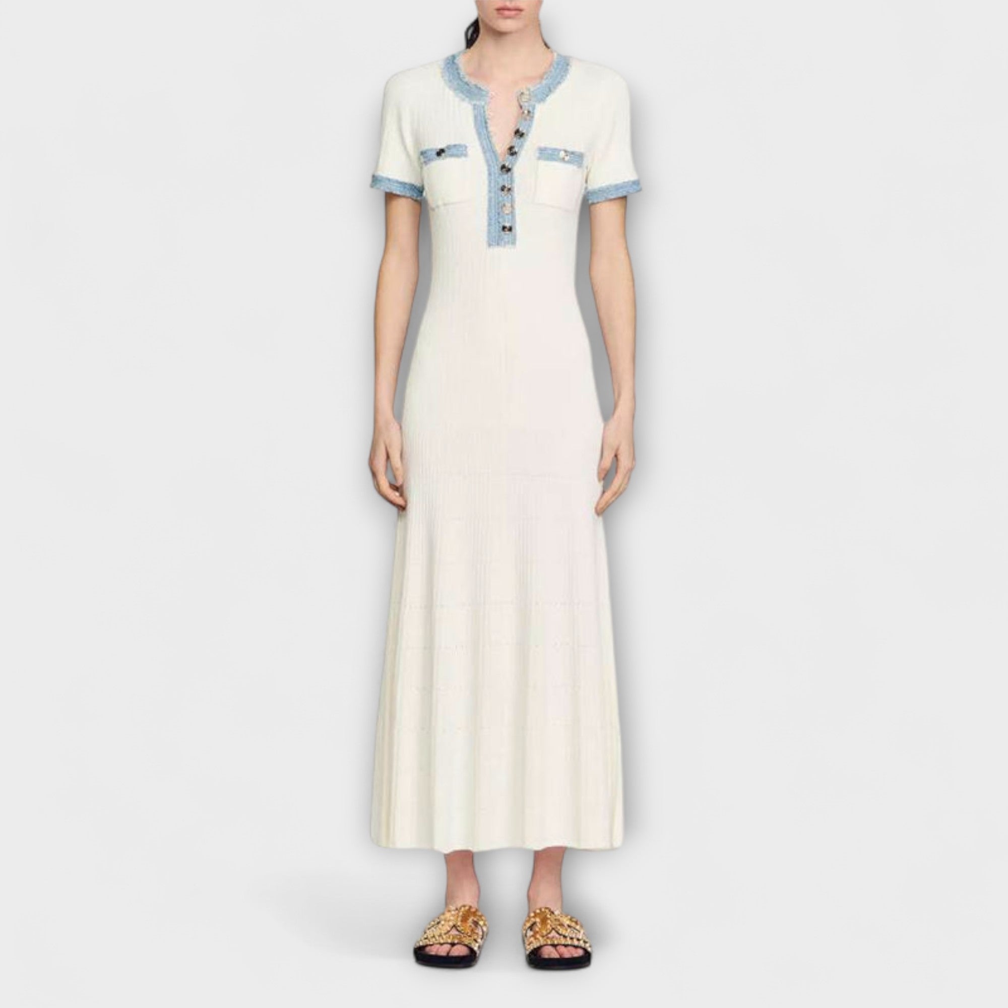 Elegante Maxi Jurk met Korte Mouwen, Knopen Voorzijde & Denim Afwerking | Stijlvolle Zomeroutfit voor Dames