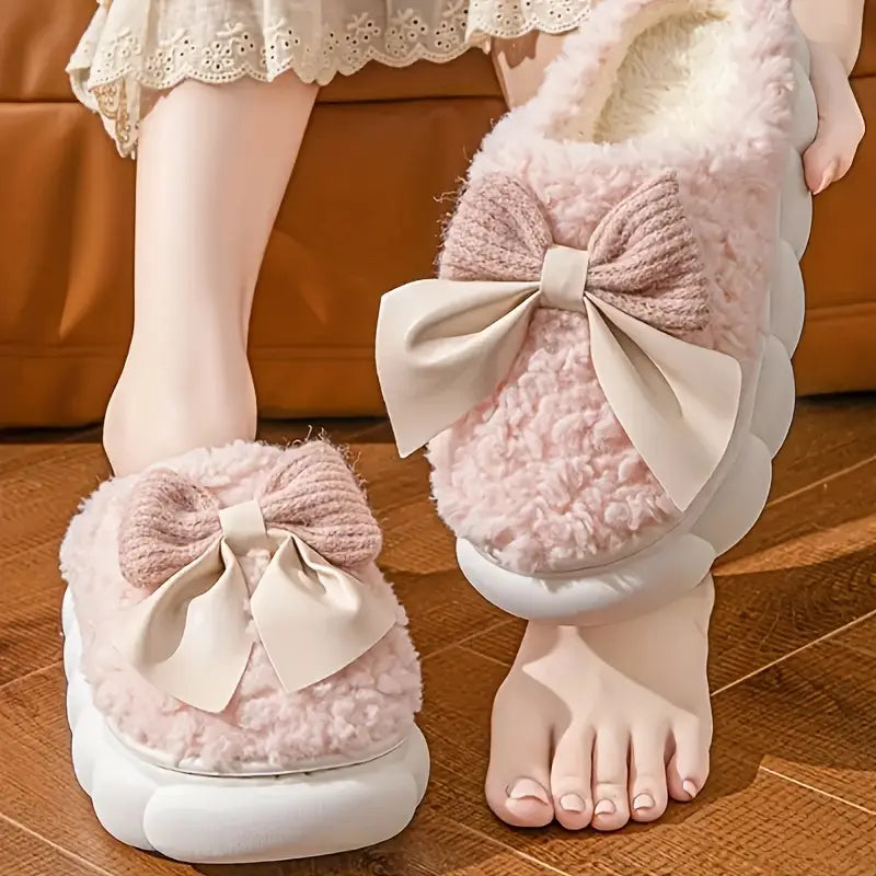 Gezellige Herfst-Winter Pantoffels voor Dames – Fluwelen Binnenvoering met Schattig Strikje