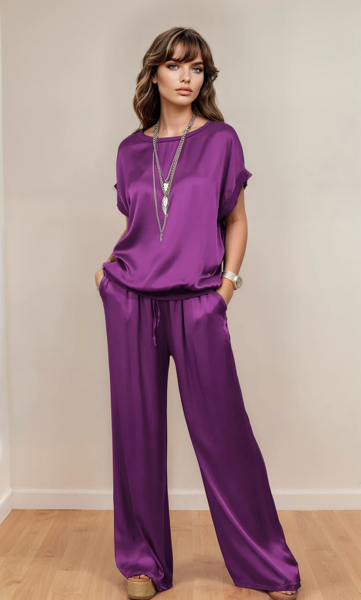 Elegante Blauwe Dames Loungewear Set – Casual Korte Mouwen & Wijde Broek met Zakken