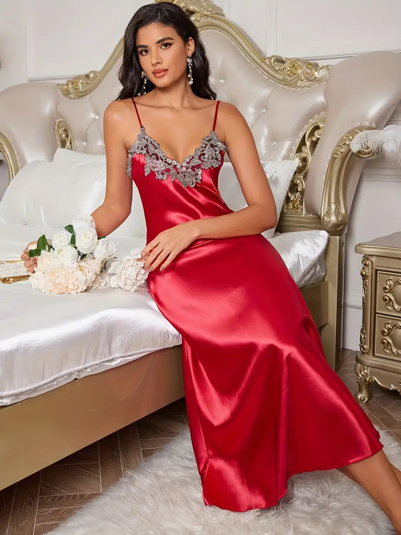 Arabella Elegant Faux Silky Maxi Nightgown with Lace Detailing