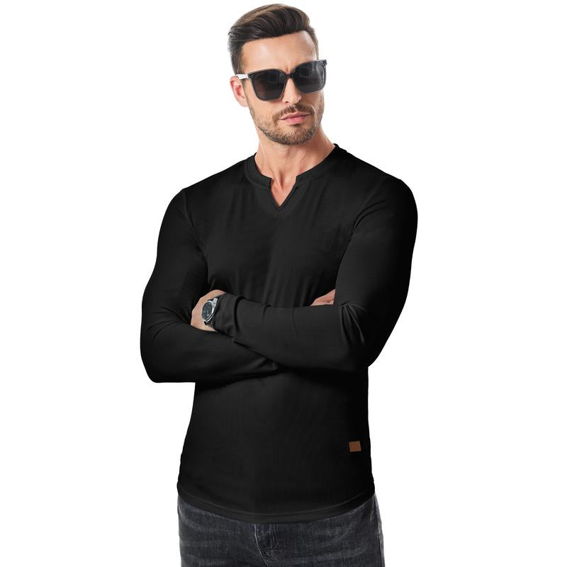 Heren Slim Fit Geribd Longsleeve Shirt – Casual Katoenen V-hals Top