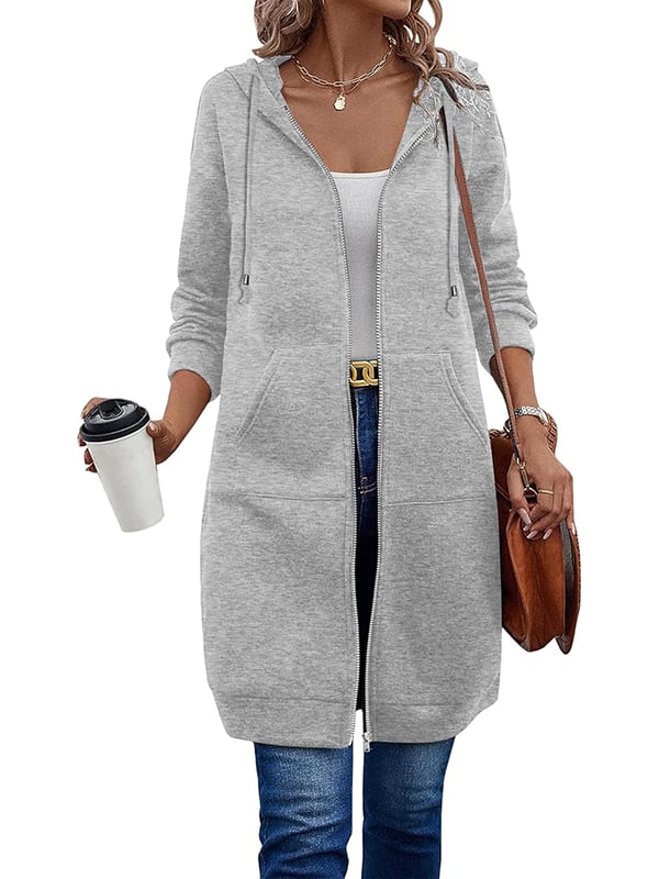 Knielange Dames Fleece Hoodie met Rits – Comfortabele Lange Sweatshirt met Zakken