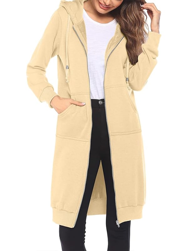 Knielange Dames Fleece Hoodie met Rits – Comfortabele Lange Sweatshirt met Zakken