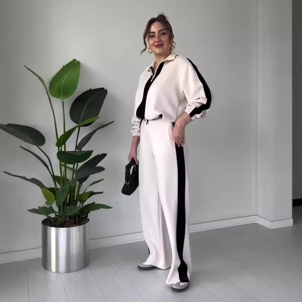 Dames Rits Kraag Tops & Broeken 2-delige Set – Trendy Kleurblok Ontwerp & Comfortabele Pasvorm