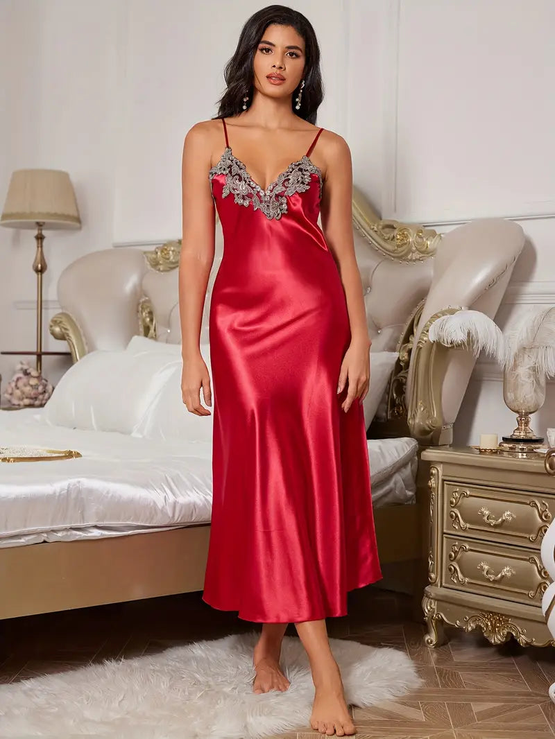 Arabella Elegant Faux Silky Maxi Nightgown with Lace Detailing