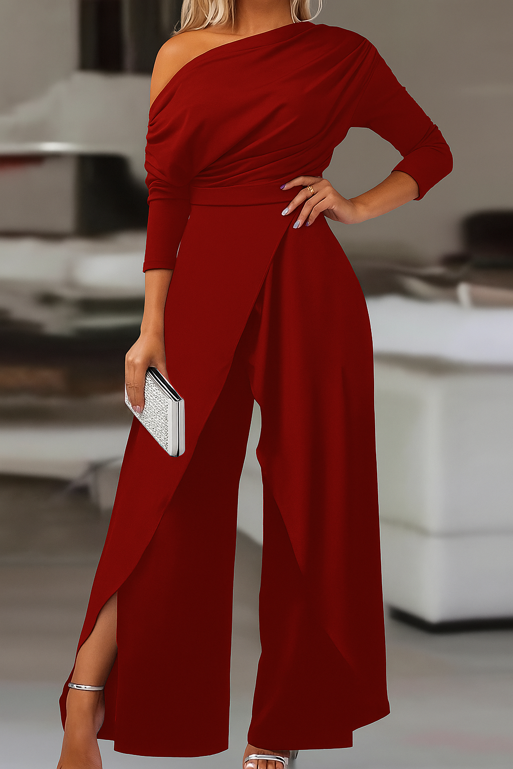 Effen Wrap Jumpsuit met Splitpijp – Elegant, Comfortabel & Trendy