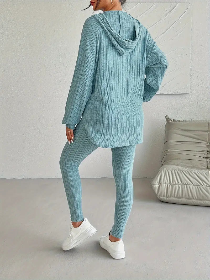 Geribde Tweedelige Loungewear Set – Oversized Hoodie met Hoge Taille Leggings