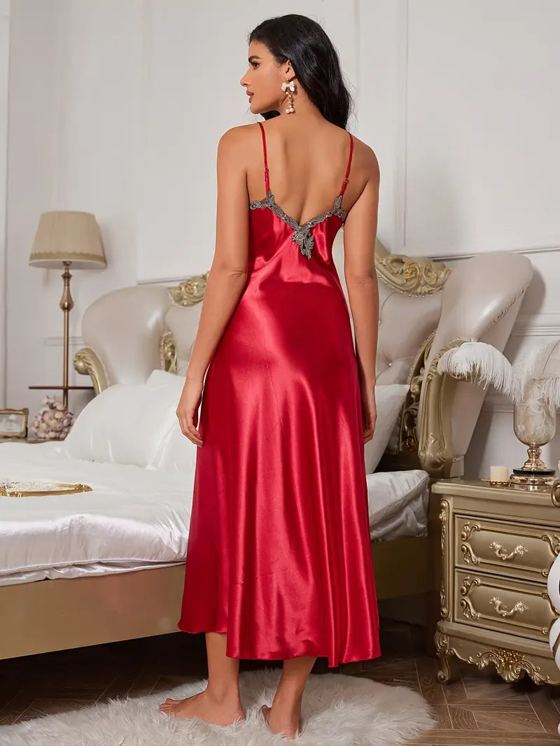 Arabella Elegant Faux Silky Maxi Nightgown with Lace Detailing