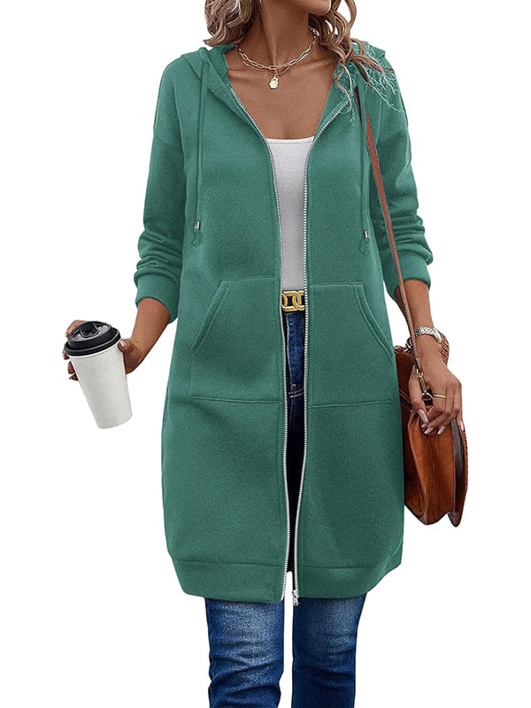 Knielange Dames Fleece Hoodie met Rits – Comfortabele Lange Sweatshirt met Zakken
