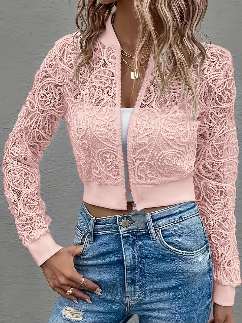 Crop Lace Bomber Jas Dames – Kanten Borduursel, Licht & Trendy Cropped Jacket