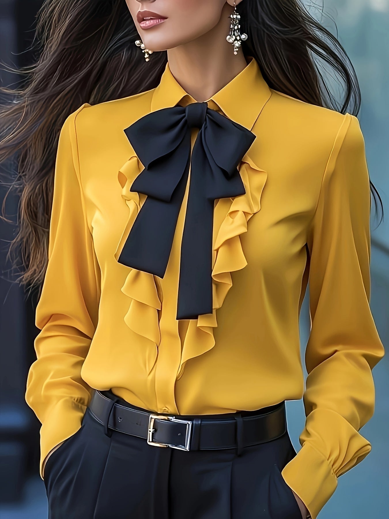 Langsleeve Blouse Met Knoopsluiting En Gerimpelde Strik – Elegante Damesblouse Voor Zakelijk & Casual