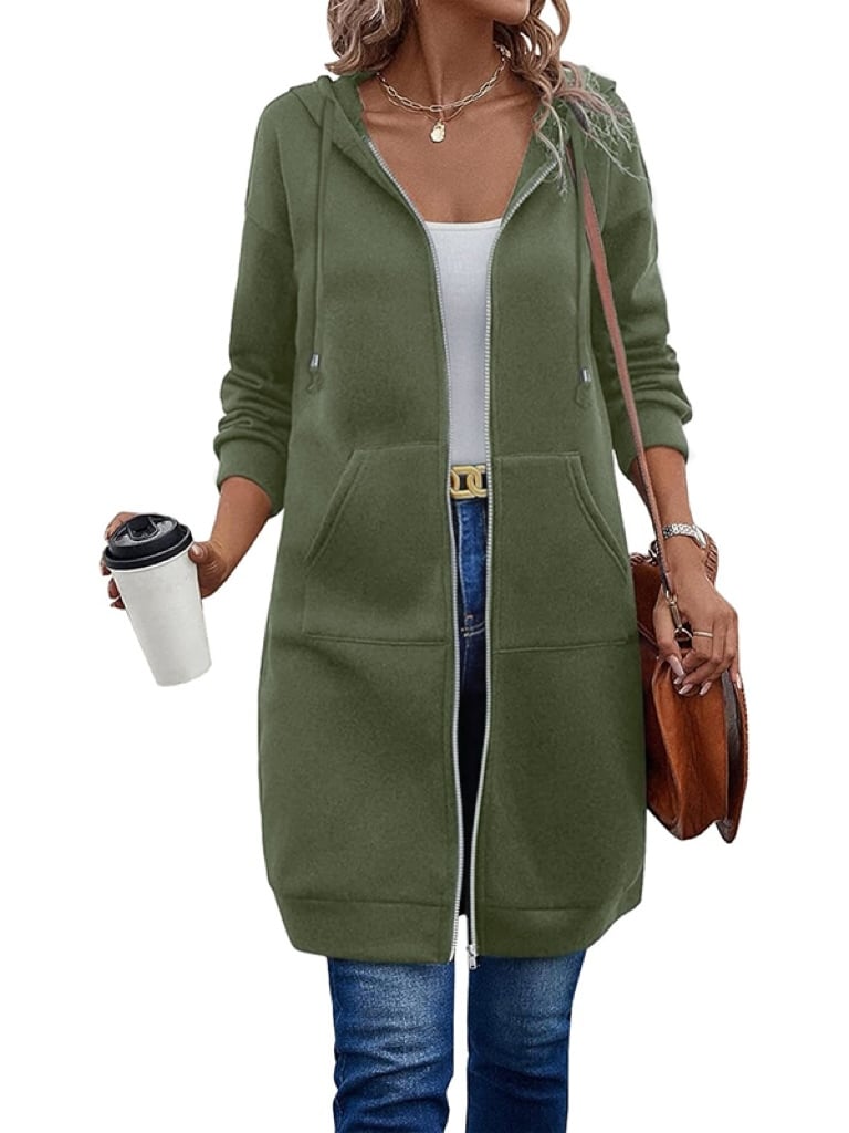 Knielange Dames Fleece Hoodie met Rits – Comfortabele Lange Sweatshirt met Zakken