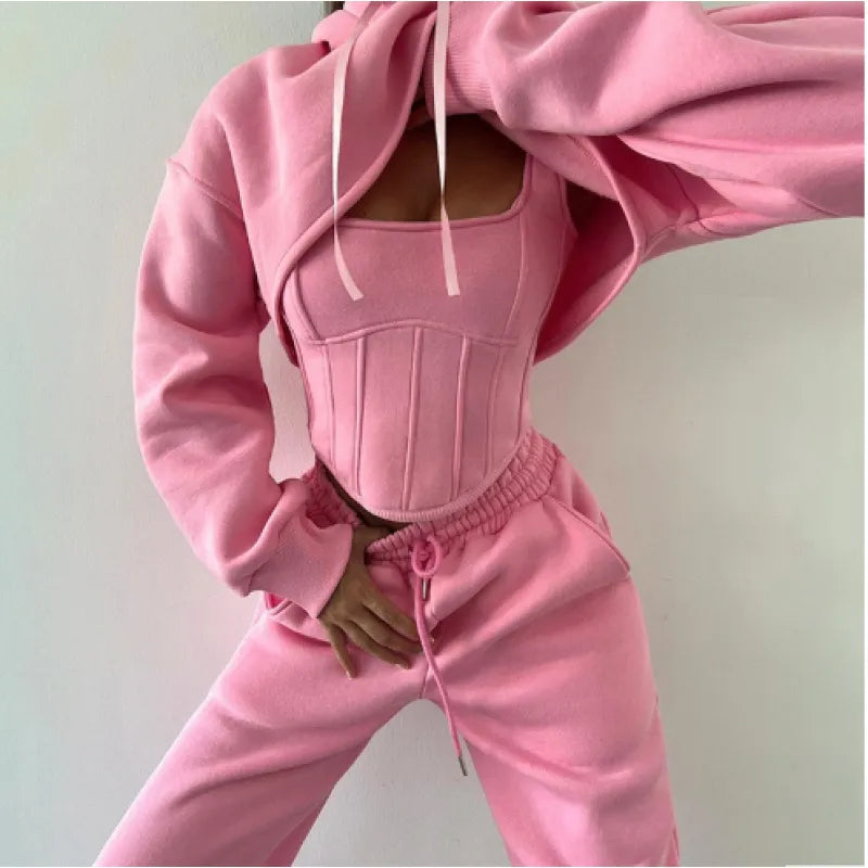 Driedelige Loungeset voor Dames – Cropped Hoodie, Tanktop & Enkellange Broek van Zacht Polyester
