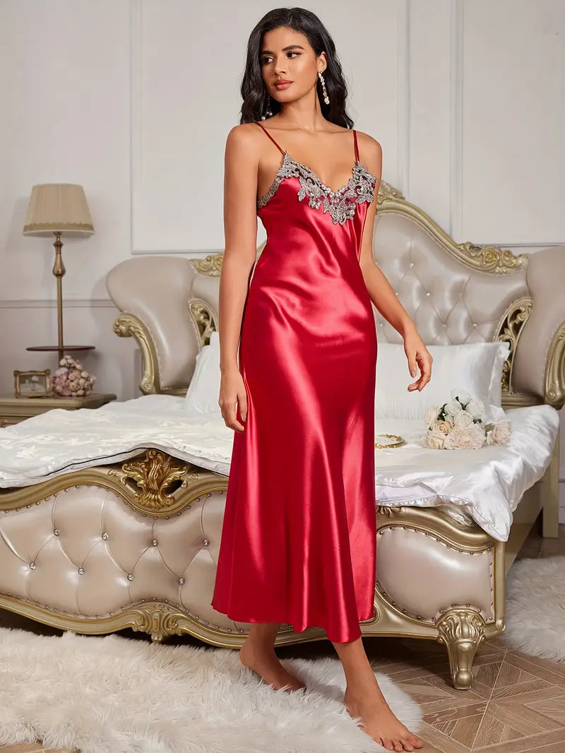 Arabella Elegant Faux Silky Maxi Nightgown with Lace Detailing
