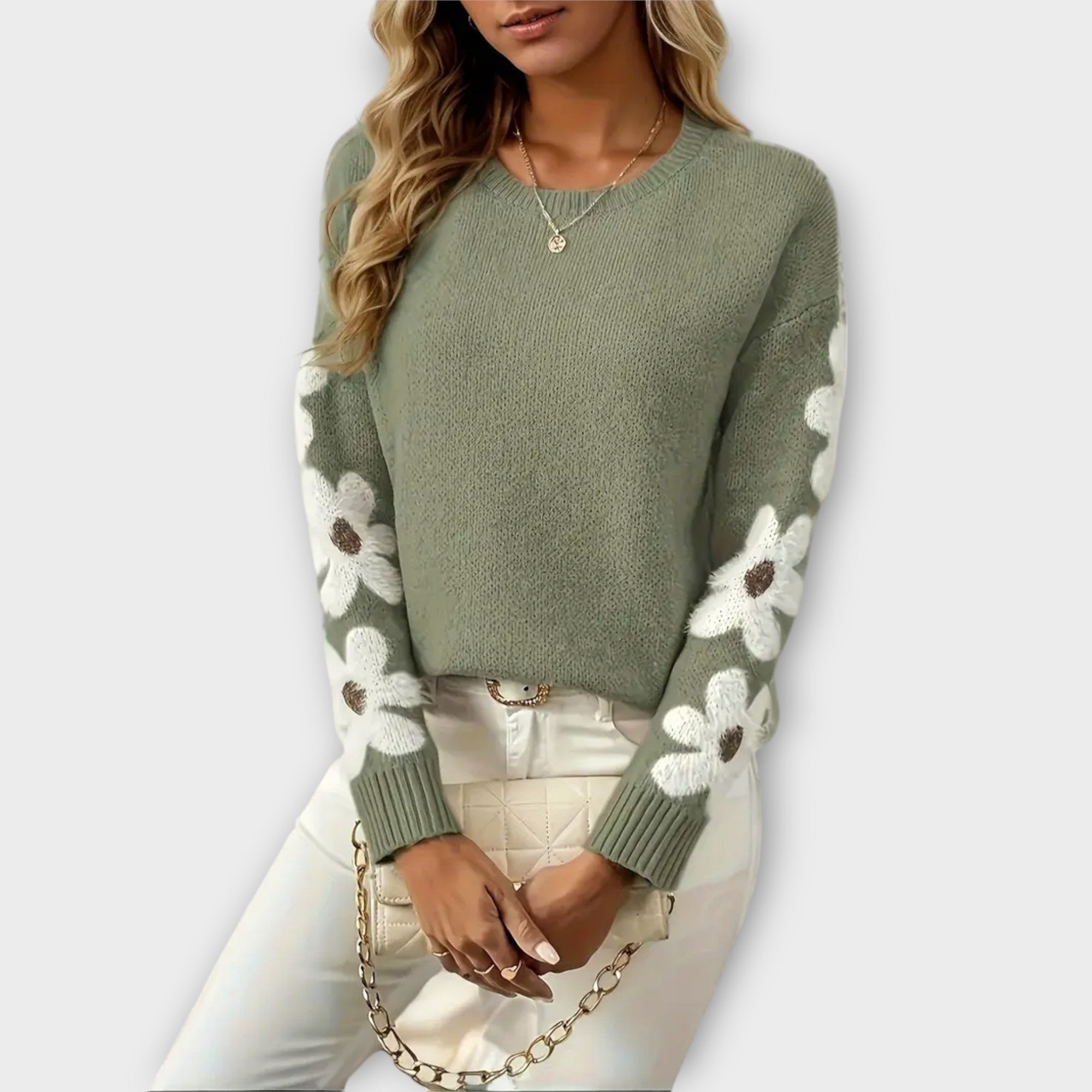 Gebreide Trui met Bloemendessin op de Mouwen – Zachte Lange Mouwen Pullover voor Casual & Elegante Looks
