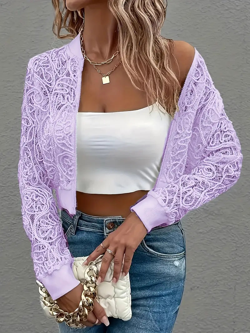 Crop Lace Bomber Jas Dames – Kanten Borduursel, Licht & Trendy Cropped Jacket