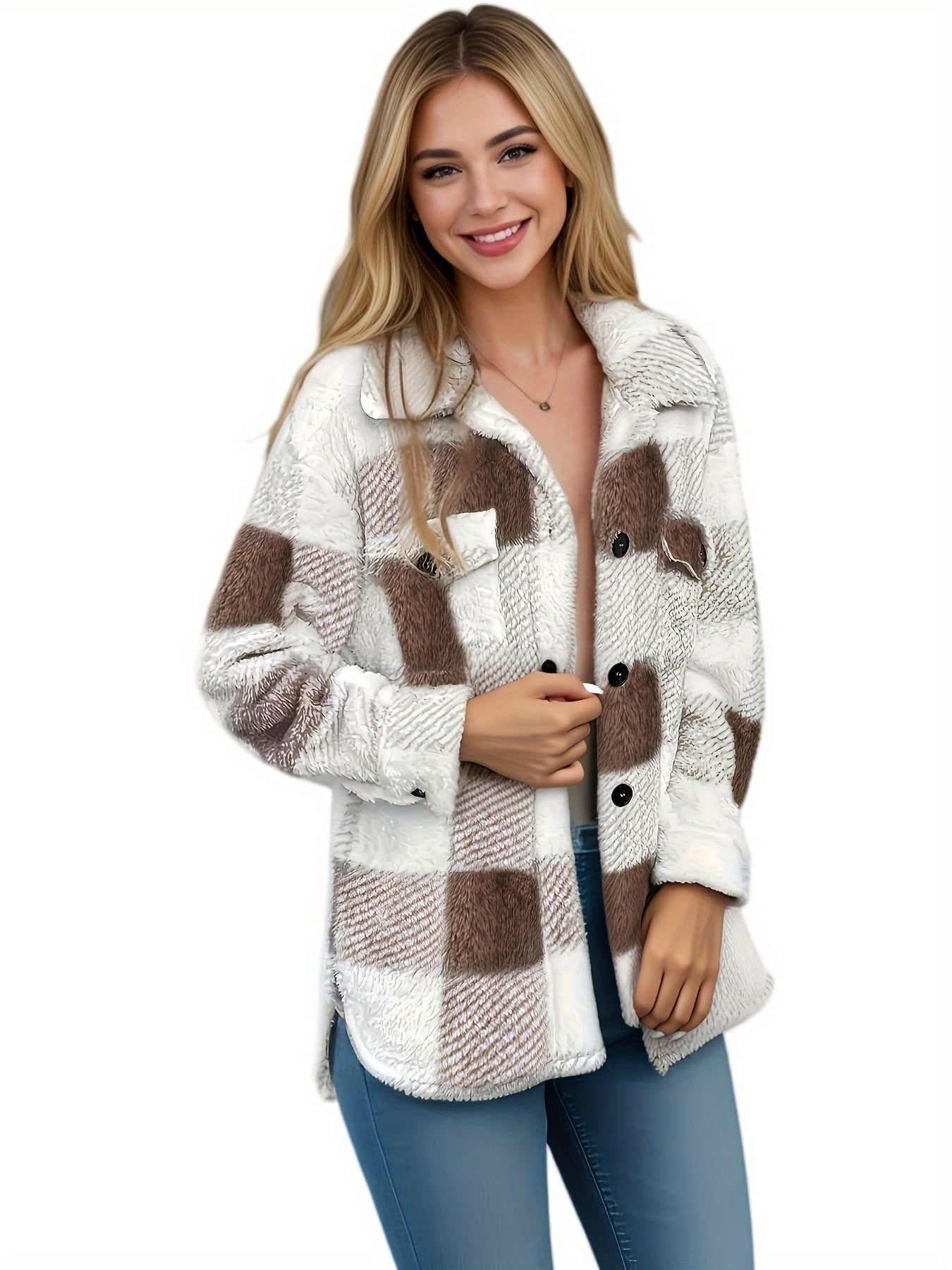 Dames Geruite Fleece Jas – Warme Geruite Overhemdjas met Lange Mouwen voor de Winter