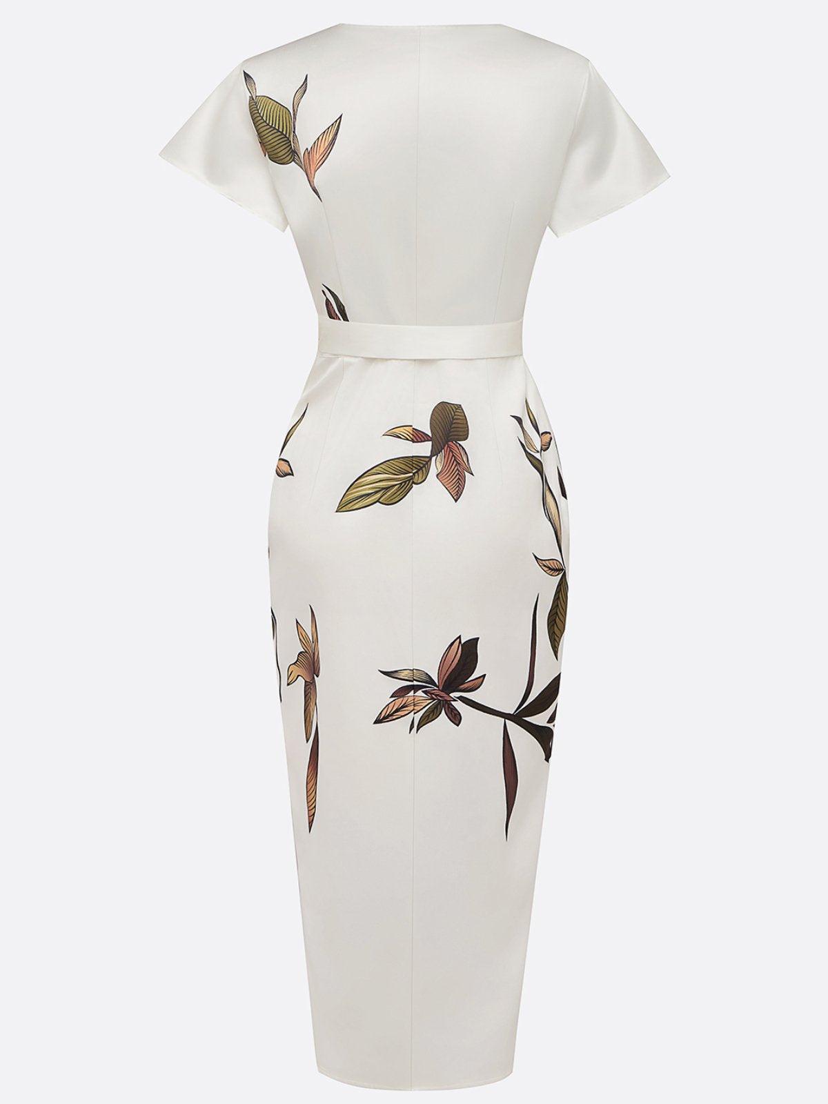 Satijnen Wrap Midi Jurk met Korte Mouwen en Subtiele Bladprint – Elegante Sheath Pasvorm voor Formele Gelegenheden