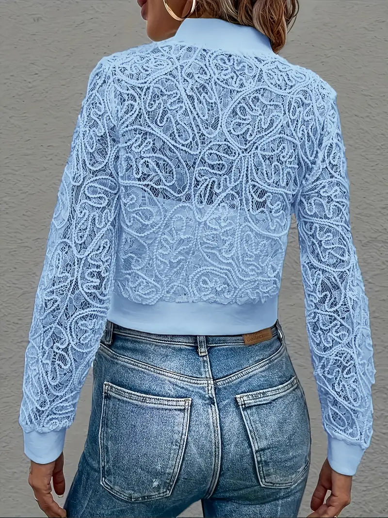 Crop Lace Bomber Jas Dames – Kanten Borduursel, Licht & Trendy Cropped Jacket