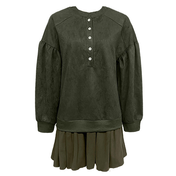 Dames Modejurk met Voor Knopen, Lange Mouwen en Gelaagde Rimpelzoom – Casual en Elegant