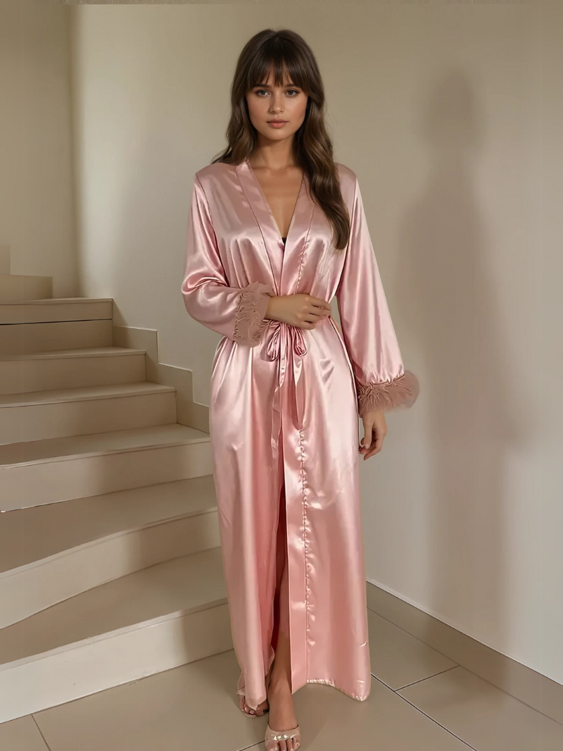 Luxe Satijnen Kamerjas met Kant voor Dames – Zijdezachte Loungewear met Elegante Mouwafwerking