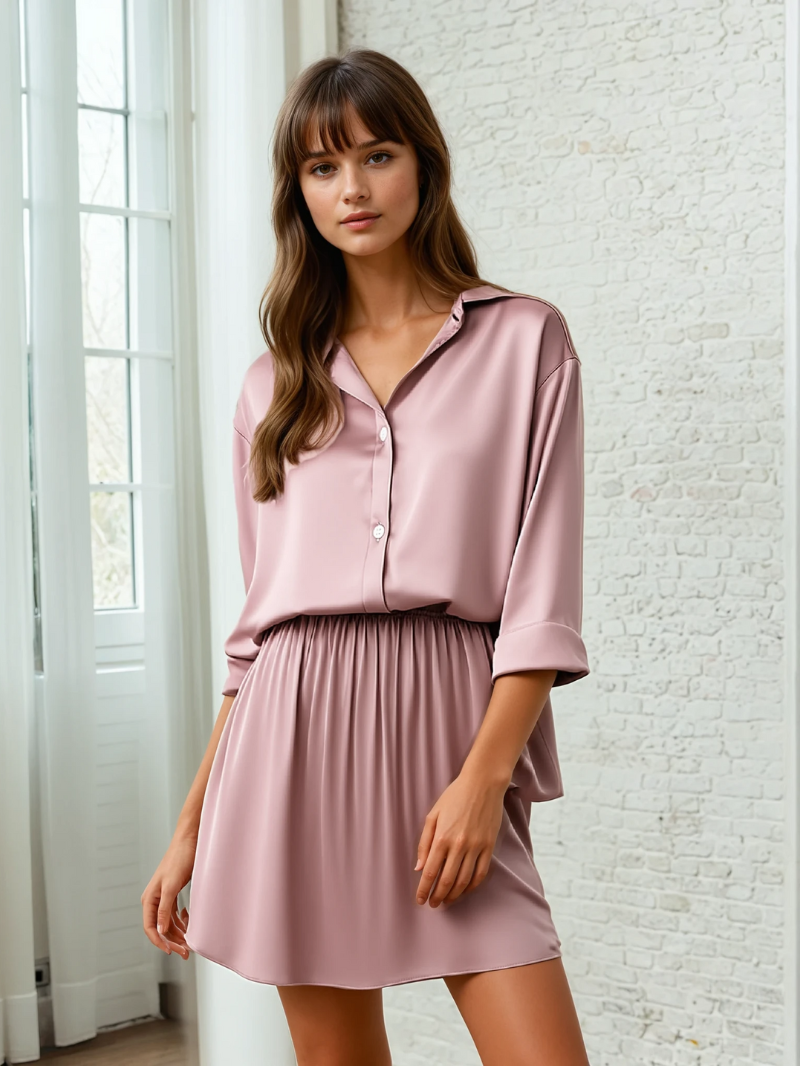 Luxe Satijnen Pyjama Set voor Dames – 2-Delige Loungewear met Lange Mouwen en Korte Broek