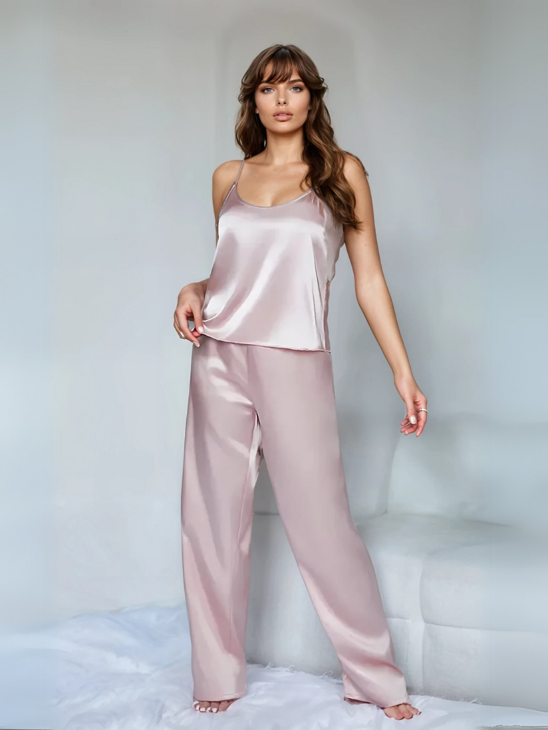 Dames Zijdeachtige Pyjamaset – Effen Cami Top met Ronde Hals & Elastische Broek voor Dagelijks Comfort