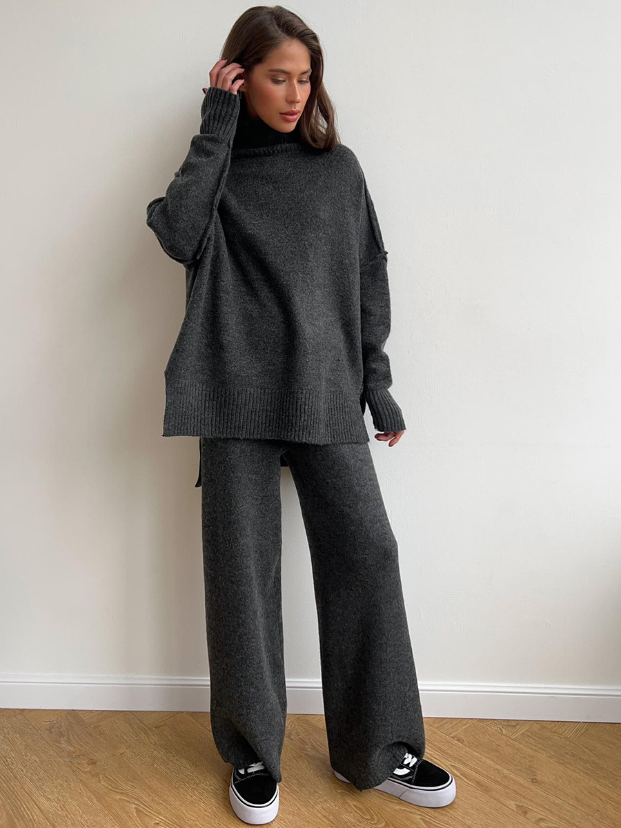Effen Gebreid Set met Coltrui – Comfortabele Trui & Broek in Tijdloze Stijl